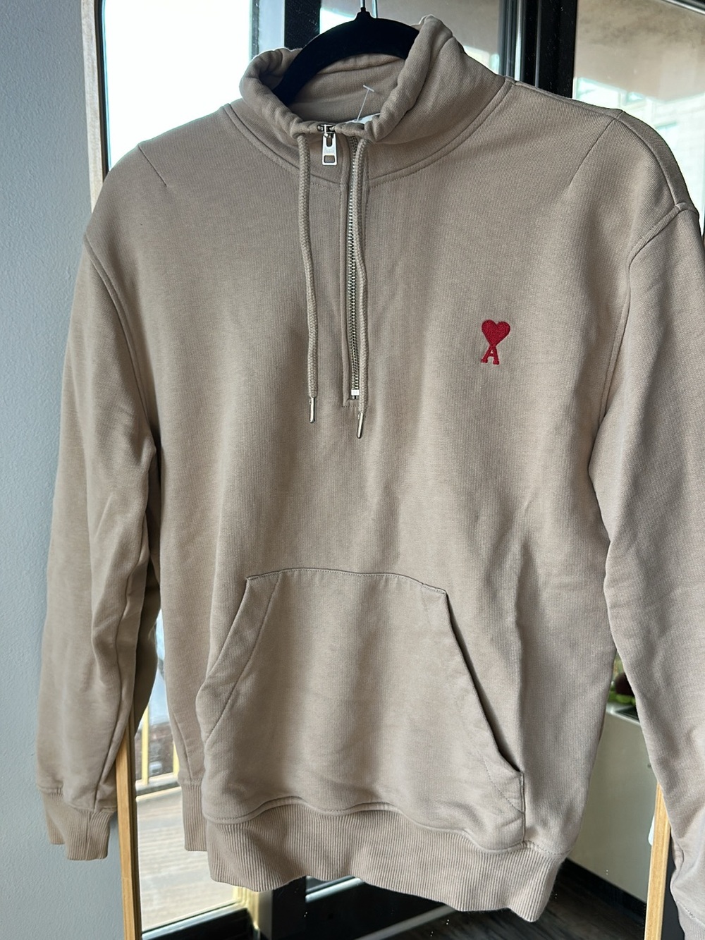 Ami Heart Logo Quarter-Zip Hoodie - Beige size small